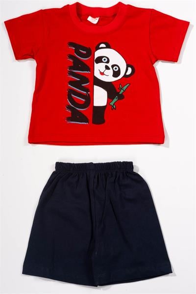 Panda Baskılı Erkek Bebek Şortlu Takım Kırmızı