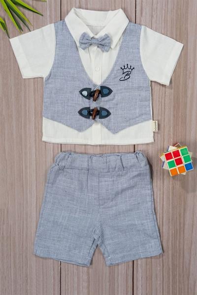 Papyonlu Ceket Görünümlü Erkek Bebek 2li Takım Mavi