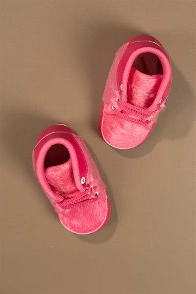 Pembe Peluş Dokulu Ayıcık Aplikeli Kız Bebek İlk Adım Ayakkabı/Patik Koyu Pembe