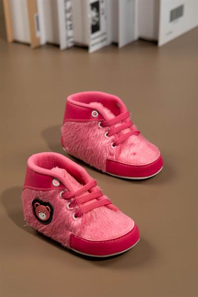 Pembe Peluş Dokulu Ayıcık Aplikeli Kız Bebek İlk Adım Ayakkabı/Patik Koyu Pembe
