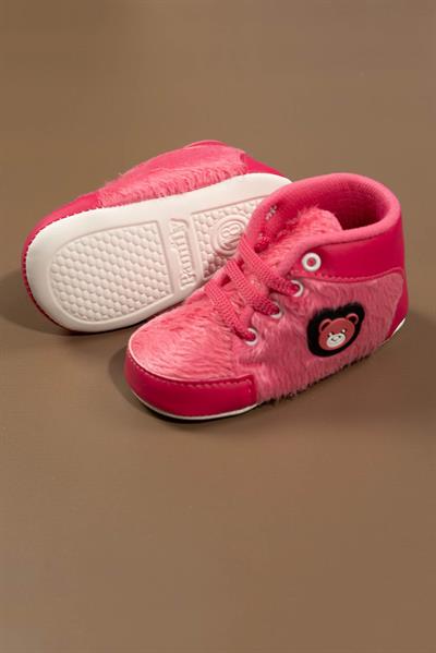 Pembe Peluş Dokulu Ayıcık Aplikeli Kız Bebek İlk Adım Ayakkabı/Patik Koyu Pembe