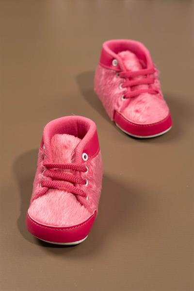 Pembe Peluş Dokulu Ayıcık Aplikeli Kız Bebek İlk Adım Ayakkabı/Patik Koyu Pembe
