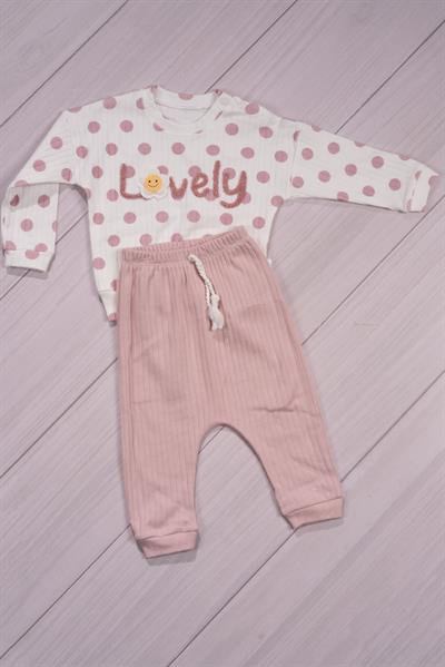 Puantiyeli “Lovely” Yazılı Kız Bebek Takımı Mor
