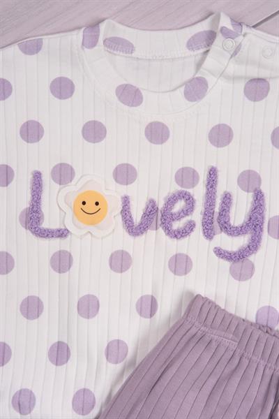 Puantiyeli “Lovely” Yazılı Kız Bebek Takımı Lila