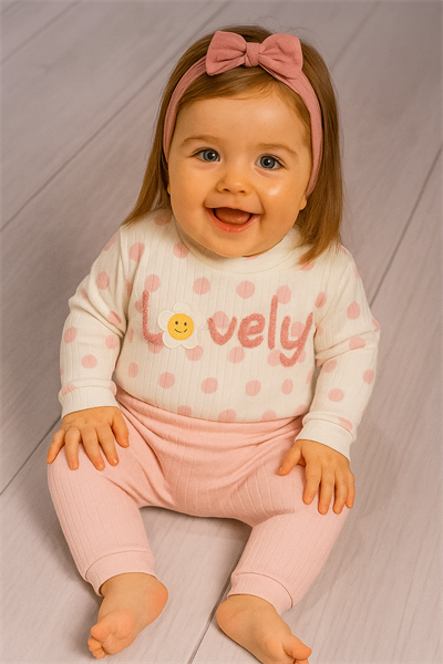 Puantiyeli “Lovely” Yazılı Kız Bebek Takımı Toz Pembe