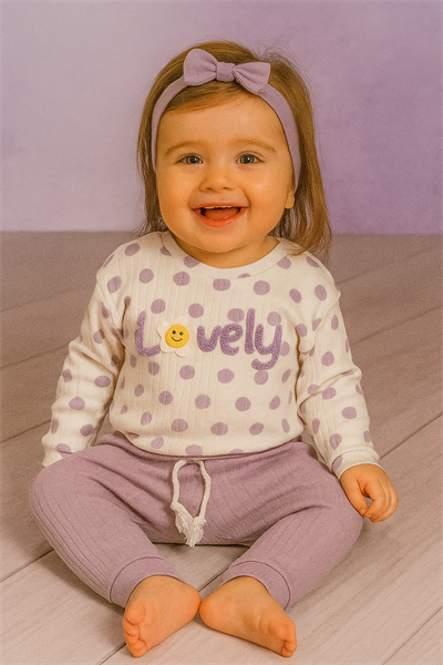 Puantiyeli “Lovely” Yazılı Kız Bebek Takımı Lila