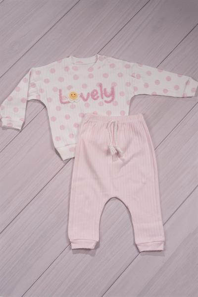 Puantiyeli “Lovely” Yazılı Kız Bebek Takımı Toz Pembe