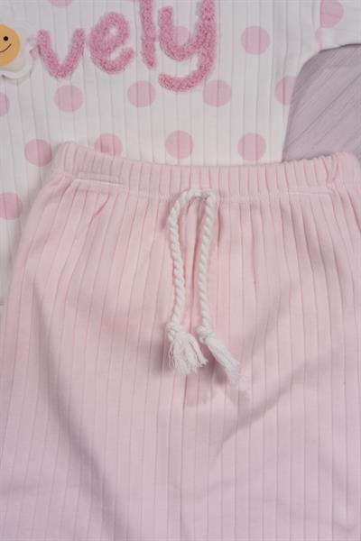 Puantiyeli “Lovely” Yazılı Kız Bebek Takımı Toz Pembe