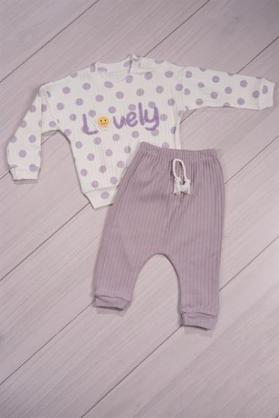 Puantiyeli “Lovely” Yazılı Kız Bebek Takımı Lila
