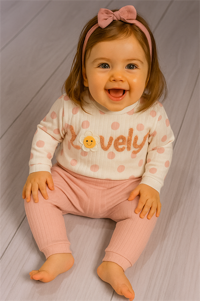 Puantiyeli “Lovely” Yazılı Kız Bebek Takımı Yavruağzı