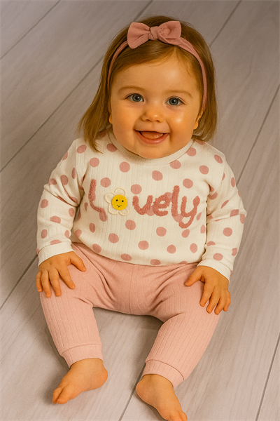 Puantiyeli “Lovely” Yazılı Kız Bebek Takımı Mor