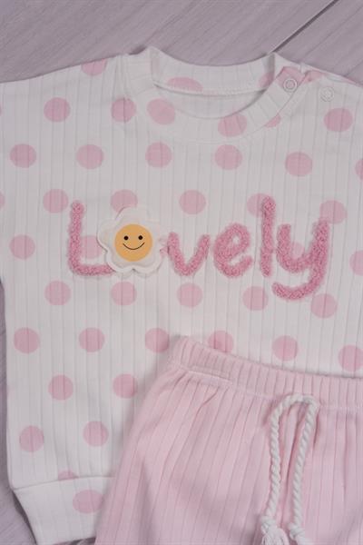 Puantiyeli “Lovely” Yazılı Kız Bebek Takımı Toz Pembe