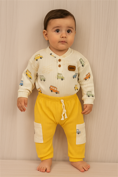 Safari Araç Desenli Altlı 2li Bebek Takımı Sarı