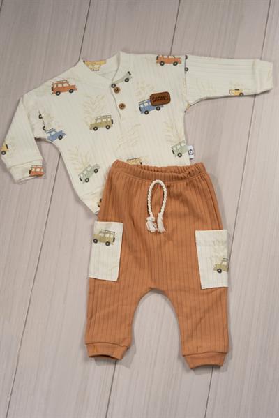 Safari Araç Desenli Altlı 2li Bebek Takımı Kahverengi
