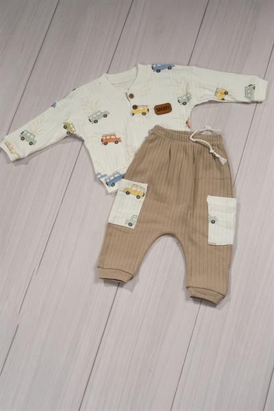 Safari Araç Desenli Altlı 2li Bebek Takımı Bej