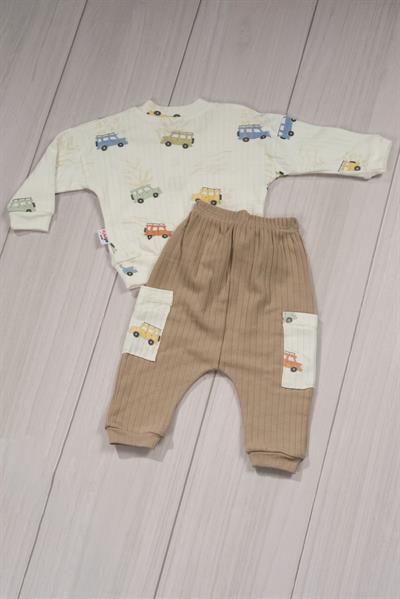 Safari Araç Desenli Altlı 2li Bebek Takımı Bej
