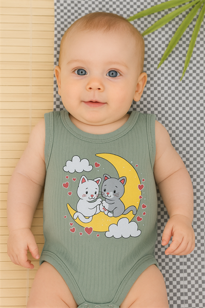 Unisex Bebek Kolsuz Zıbın Ay Üzerinde Kedi ve Kalp Baskılı Ribana Body Haki