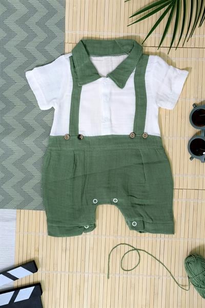Unisex Askılı Görünümlü Kısa Kollu Bebek Tulum Yeşil