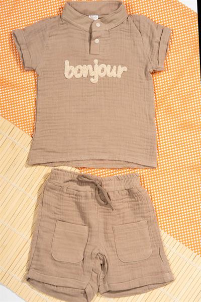 Unisex Bonjour Nakışlı Müslin 2li Yazlık Bebek Takımı Kahverengi