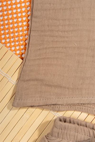 Unisex Bonjour Nakışlı Müslin 2li Yazlık Bebek Takımı Kahverengi