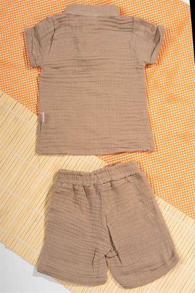 Unisex Bonjour Nakışlı Müslin 2li Yazlık Bebek Takımı Kahverengi