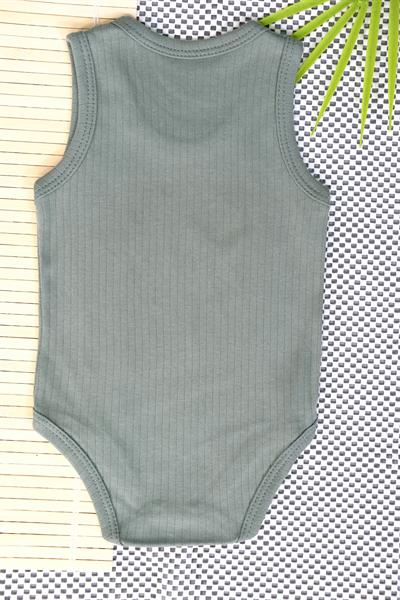 Unisex Bebek Kolsuz Zıbın Ay Üzerinde Kedi ve Kalp Baskılı Ribana Body Haki