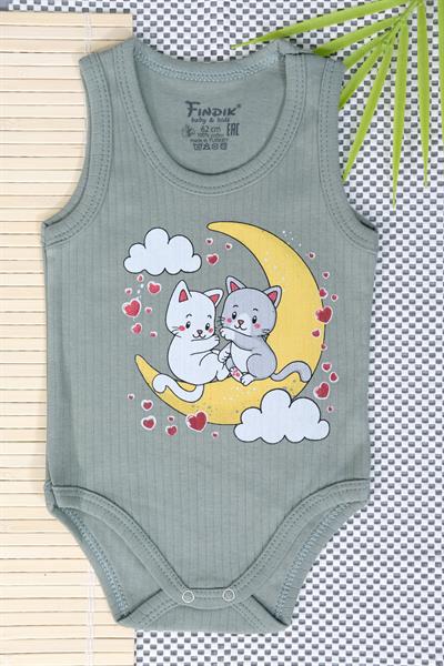Unisex Bebek Kolsuz Zıbın Ay Üzerinde Kedi ve Kalp Baskılı Ribana Body Haki