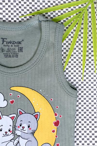 Unisex Bebek Kolsuz Zıbın Ay Üzerinde Kedi ve Kalp Baskılı Ribana Body Haki