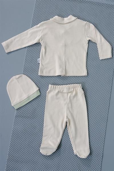 Unisex Papyon Detaylı Şapkalı Bebek Tulum Zıbın Krem Üzerine Parçalı Yeşil