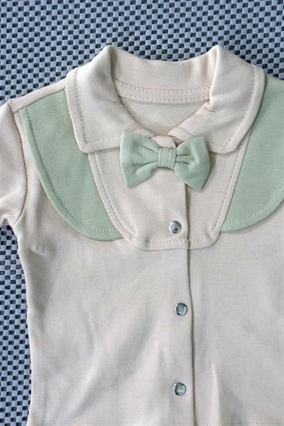 Unisex Papyon Detaylı Şapkalı Bebek Tulum Zıbın Krem Üzerine Parçalı Yeşil