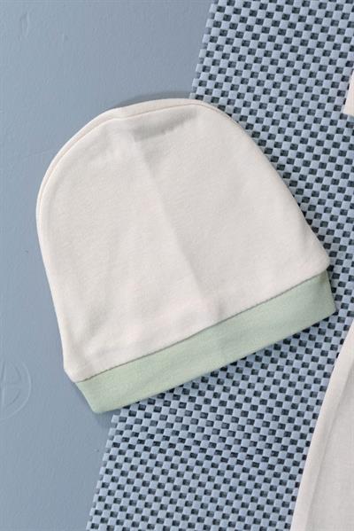 Unisex Papyon Detaylı Şapkalı Bebek Tulum Zıbın Krem Üzerine Parçalı Yeşil