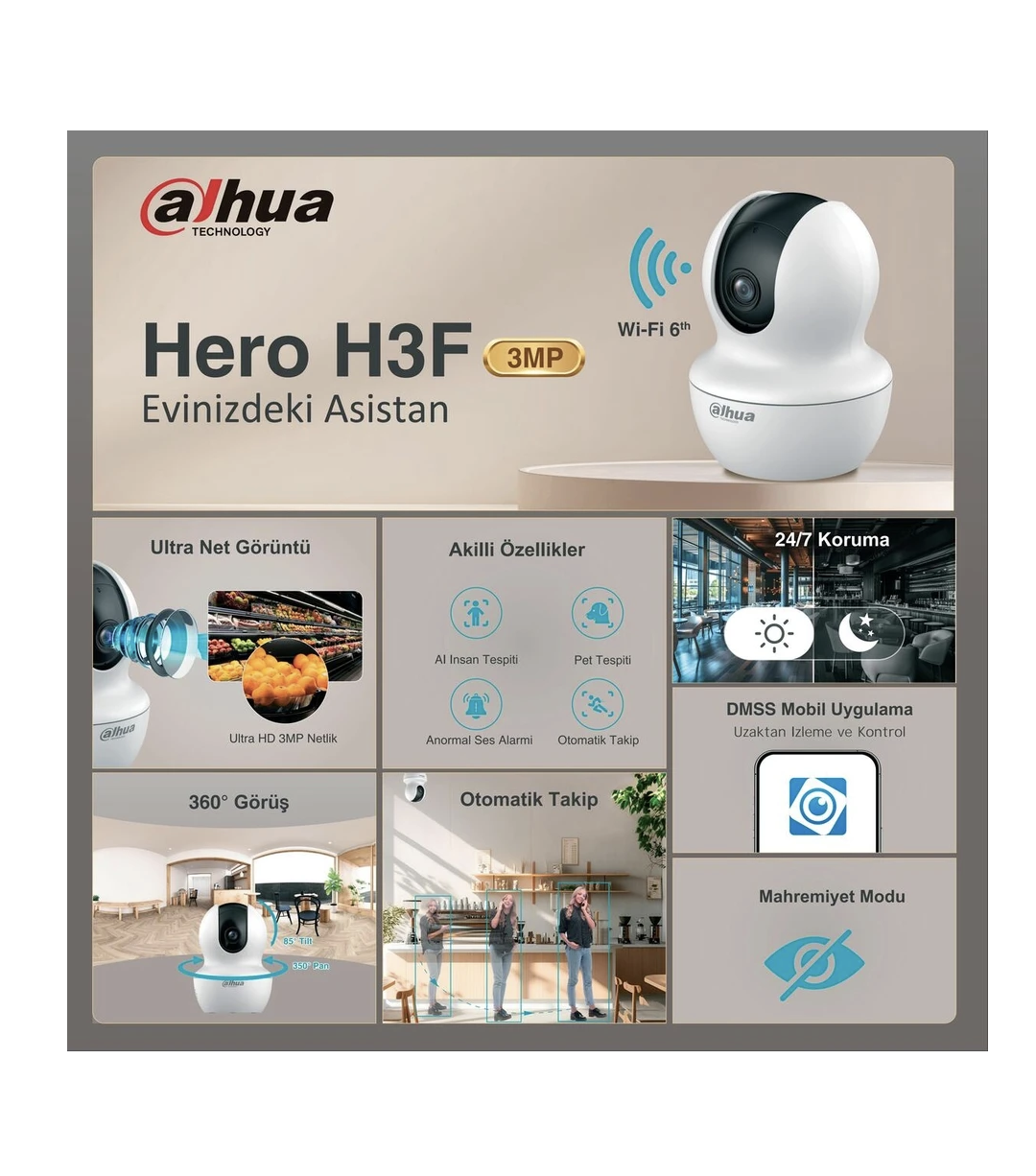 Dahua Hero H3F 2K 360° Dönebilen İç Mekan Wi-Fi Akıllı Bebek ve Güvenlik Kamerası (DH-H3F) - Beyaz