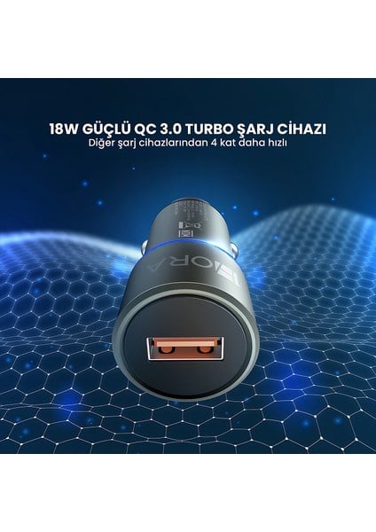 GAR156 PD20W Alüminyum Araç Şarj Aleti - Type-C Portlu Hızlı Şarj Cihazı - Siyah