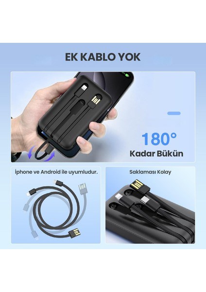 GAR261 5000 Mah Taşınabilir Hızlı Şarj Cihazı 3 Çıkışlı Usb-C Usb-A Lightning Powerbank