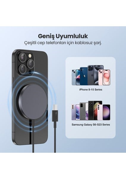 GAR281 Manyetik Kablosuz Şarj Cihazı - Ios ve Android Uyumlu - Yüksek Verimlilik - Siyah