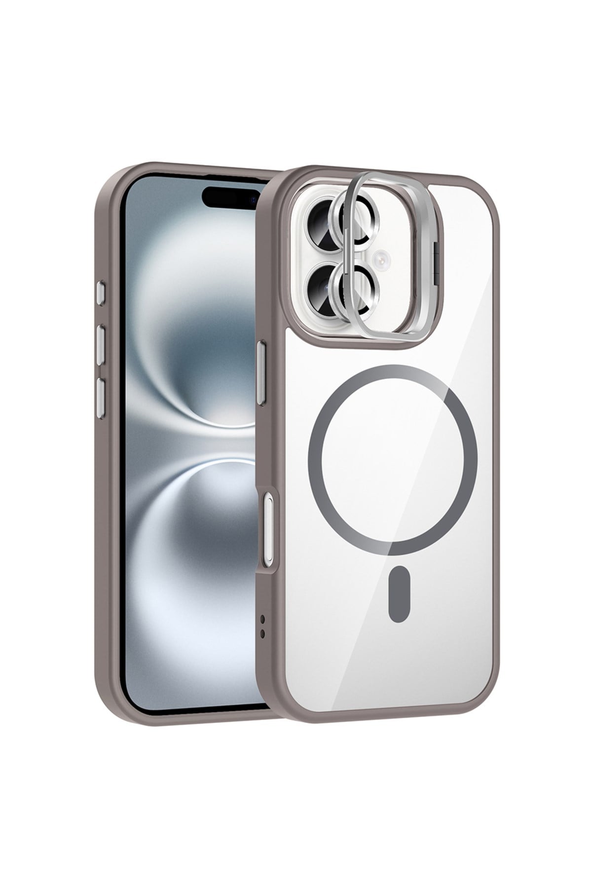 iPhone 16 Plus Kılıf Standlı ve Kamera Lens Hediyeli M-Safe Şarj Özellikli Etro Kapak - Gri