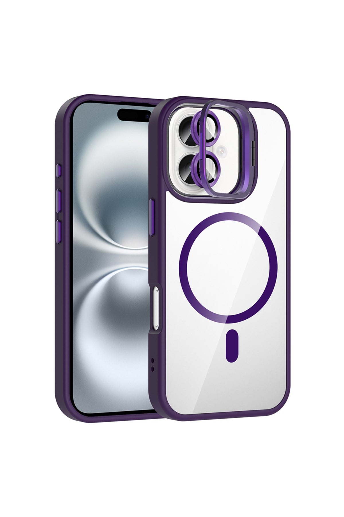iPhone 16 Plus Kılıf Standlı ve Kamera Lens Hediyeli M-Safe Şarj Uyumlu Etro Kapak - Derin Mor