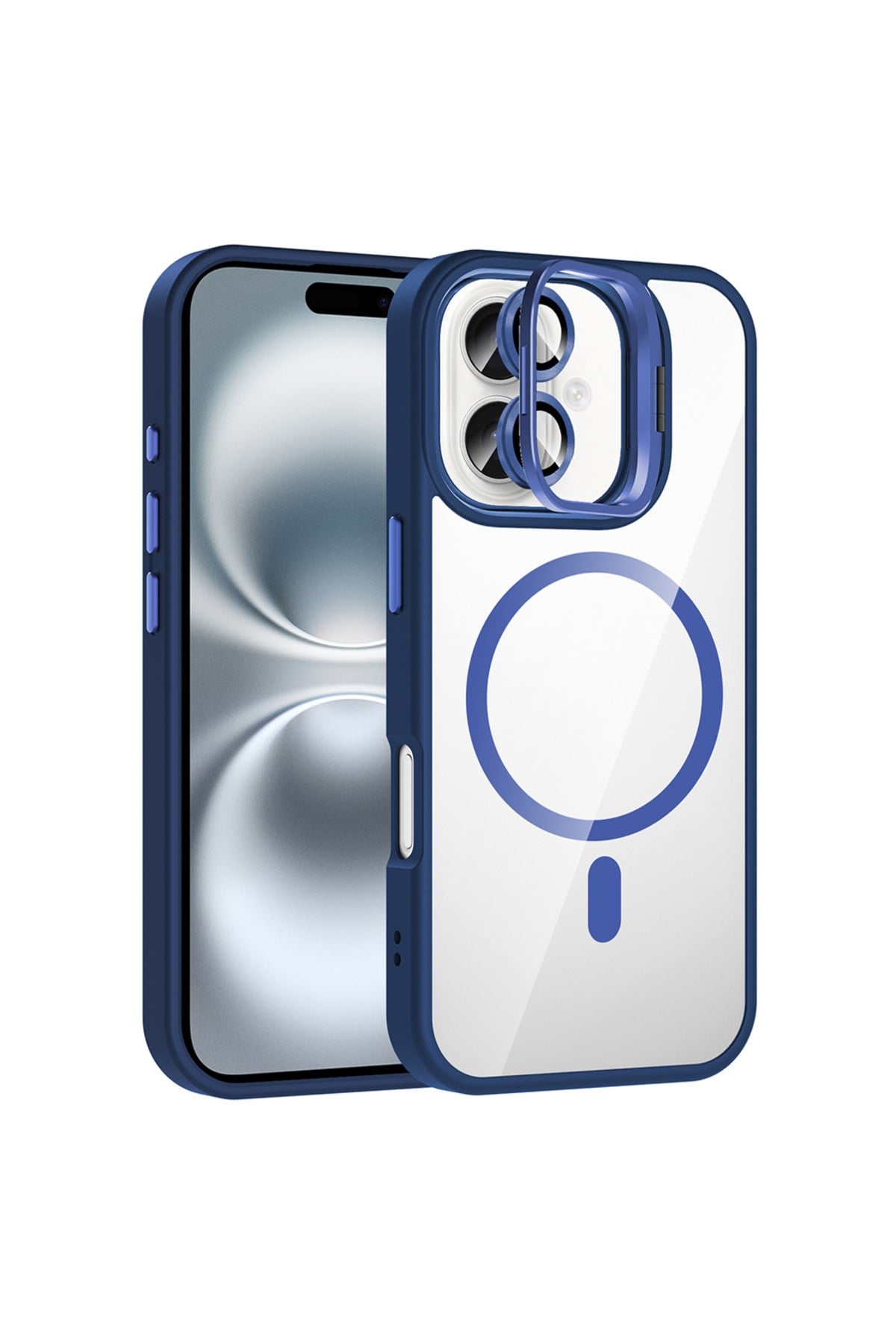 iPhone 16 Plus Kılıf Standlı ve Kamera Lens Hediyeli M-Safe Şarj Uyumlu Etro Kapak - Lacivert