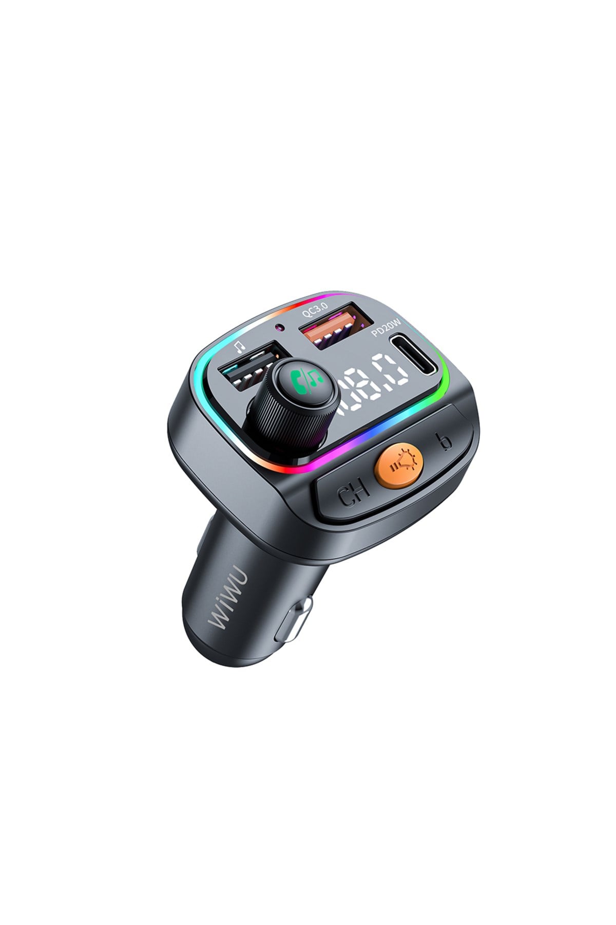 Wi-QC031 RGB Bluetooth Transmitter MP3 Type-C ve USB-A Araç Şarjı Siyah
