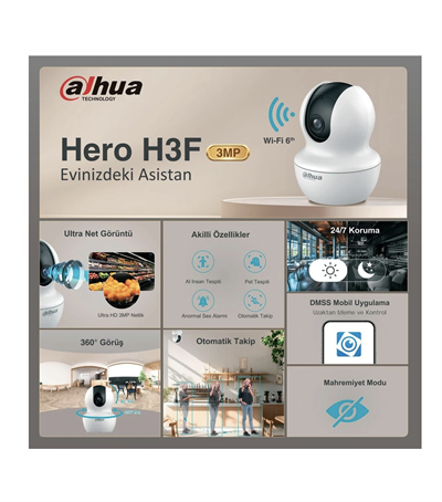 Dahua Hero H3F 2K 360° Dönebilen İç Mekan Wi-Fi Akıllı Bebek ve Güvenlik Kamerası (DH-H3F) - Beyaz