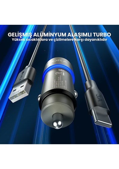 GAR156 PD20W Alüminyum Araç Şarj Aleti - Type-C Portlu Hızlı Şarj Cihazı - Siyah