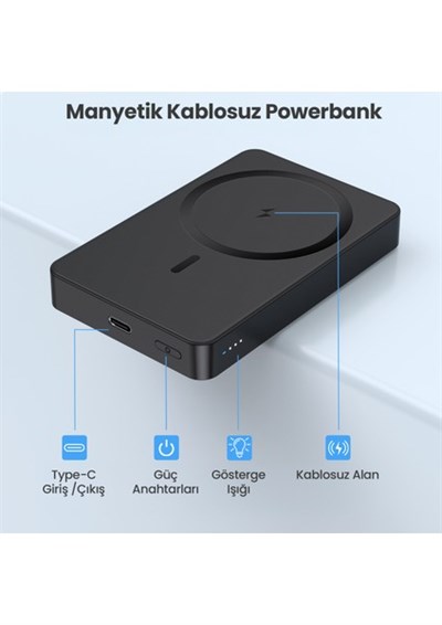 GAR276 5000 Mah Manyetik Kablosuz Type-C Girişli Taşınabilir Powerbank - Siyah