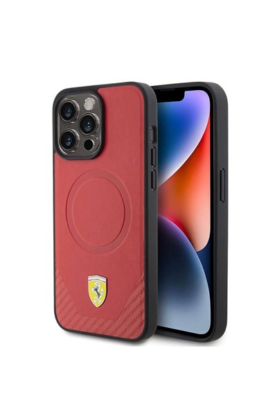 iPhone 15 Pro Max Uyumlu Kılıf Ferrari  Lisanslı Magsafe Şarj Özellikli Metal Logolu PU Karbon
