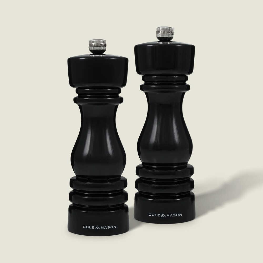 Cole & Mason London Parlak Siyah Tuz ve Biber Değirmenleri 180mm