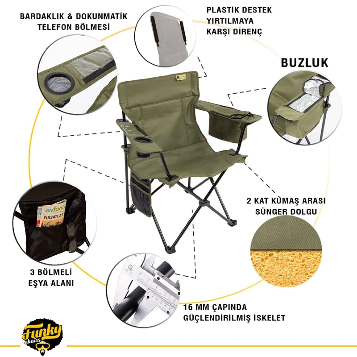 Funky Chairs Cool Ice Lüks Kamp Sandalyesi, Haki