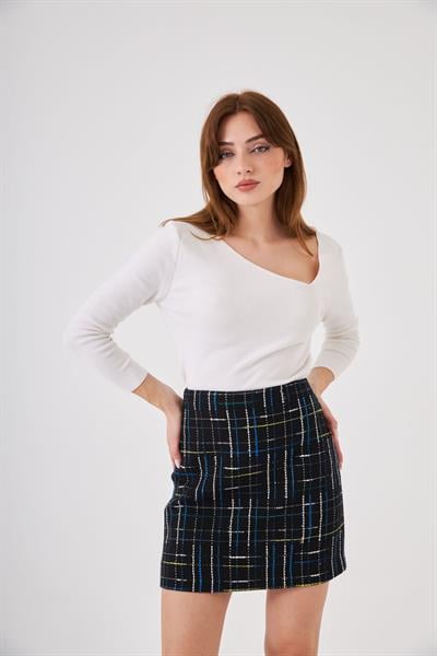 Lacivert Tüvit Ekose Mini Etek