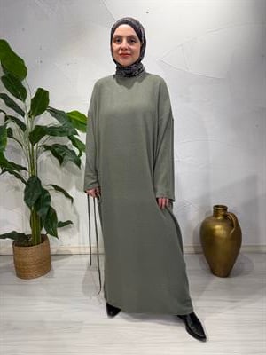 Atkılı yumoş triko tesettür elbise/haki