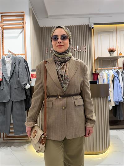 Balıksırtı desen 2 düğme salaş ceket kahve