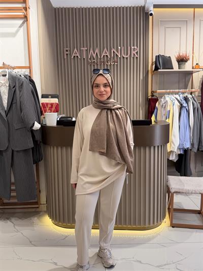 Modal kumaş havuç pantolon tunik takım krem