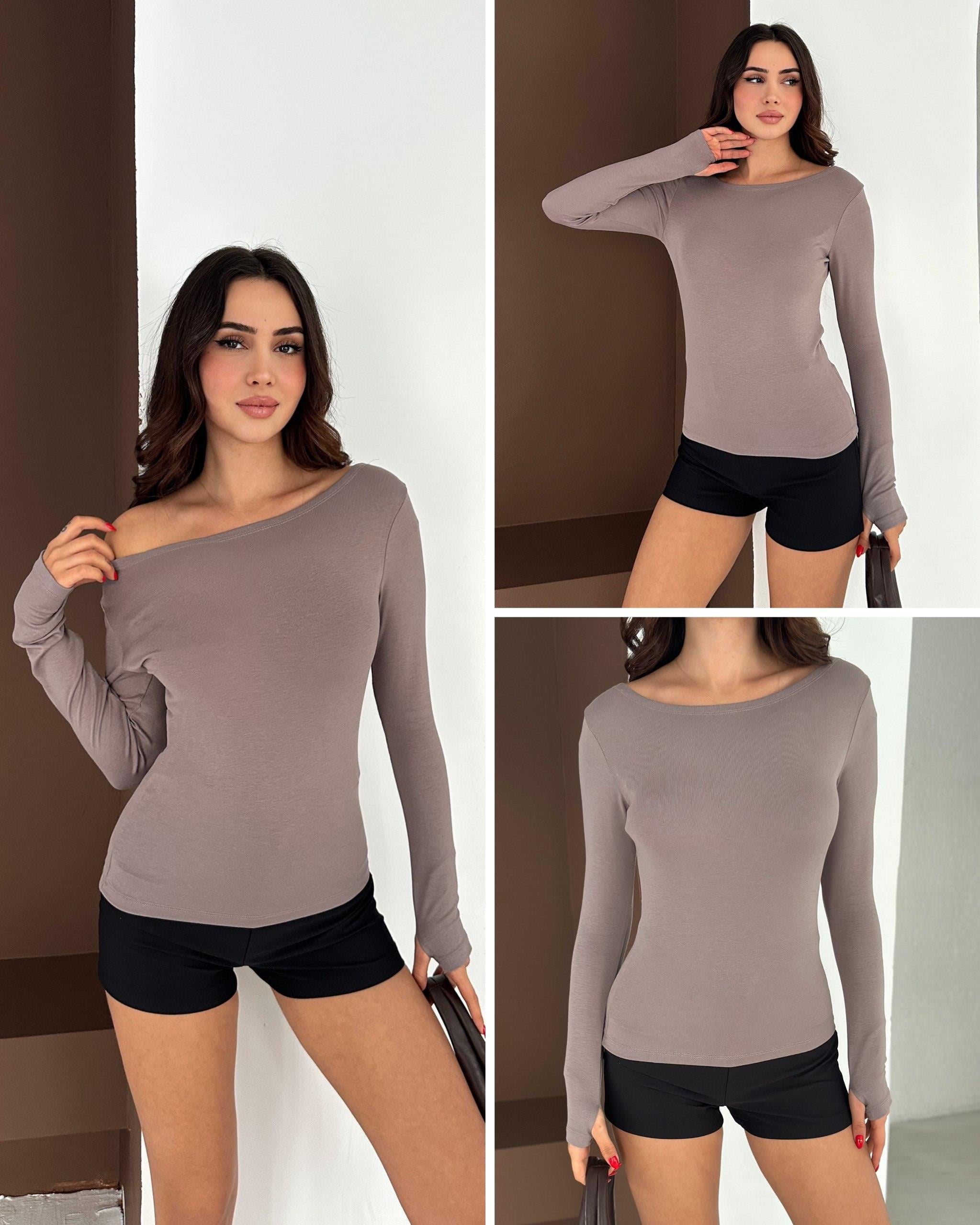 Kadın Kayık Yaka Parmak Geçmeli Uzun Kollu Full Likralı Pamuk Viskon Buzzy Body Tişort